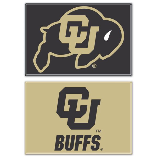 A black and gold two pack of Wincraft rectangular magnets with C.U buffalo logo and interlocking C.U logo with "Buffs."